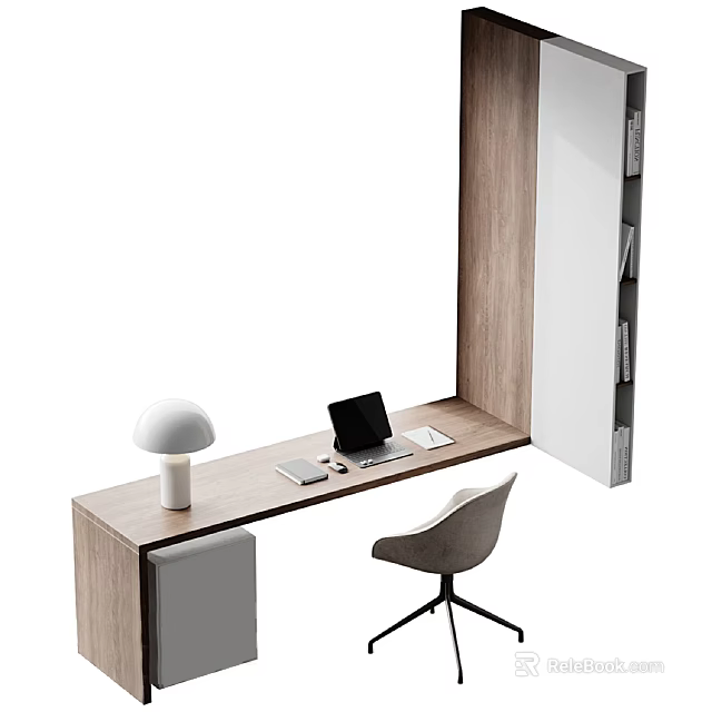 Modern Wooden Desk With Laptop White Table Lamp And Grey Office Chair 3d model 
