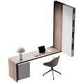 Modern Wooden Desk With Laptop White Table Lamp And Grey Office Chair