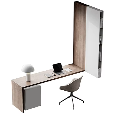 Modern Wooden Desk With Laptop White Table Lamp And Grey Office Chair 3d model