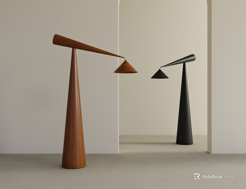 Modern Minimalist Floor Lamps With Wooden And Black Conical Bases And Curved Arms 3d model 