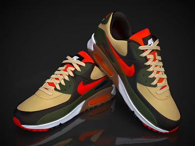 Nike Sneakers Featuring Khaki Olive Red Colors And Air Cushion 3d model