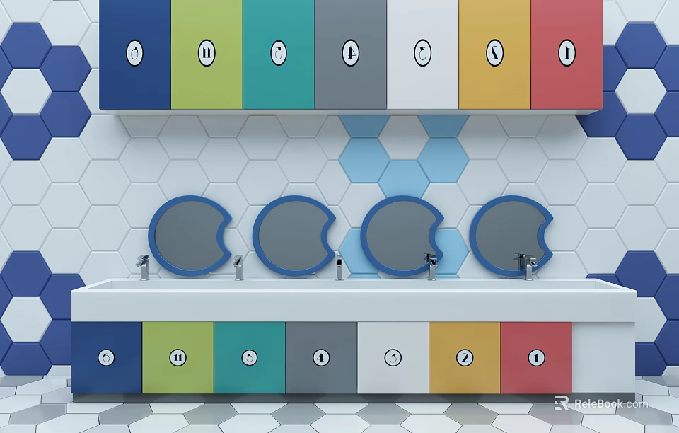 Modern Colorful Cabinet Washbasin with Multiple Mirrors and Hexagonal Tiled Wall 3d model