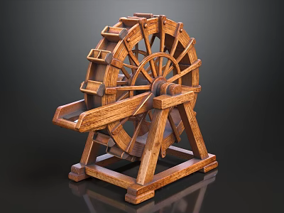 Wooden Waterwheel Model With Classic Design And Sturdy Stand Structure 3d model