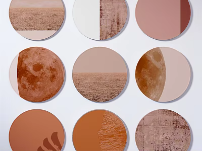 Multiple Circular Framed Artworks with Warm Tones Textures Moon Surface Sand Beach Patterns 3d model