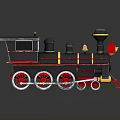 Vintage Steam Train 3D Model With Black Body Red Yellow Stripes And Decorative Wheels