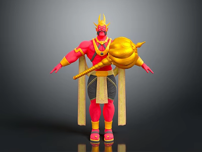 Golden Horned Red Skinned Mythical Character Creature Standing With Flowing Sashes Holding Golden Hammer 3d model