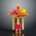 Golden Horned Red Skinned Mythical Character Creature Standing With Flowing Sashes Holding Golden Hammer