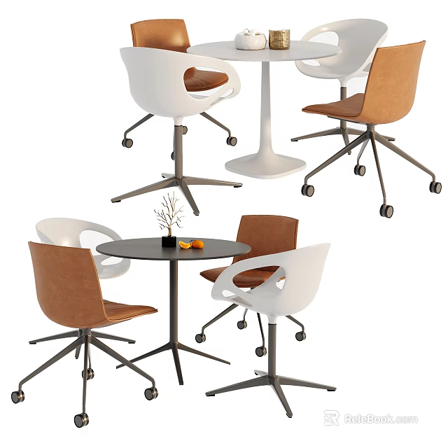 Modern Dining Table And Chair Set With Round Top White Brown Seats And Wheels 3d model 
