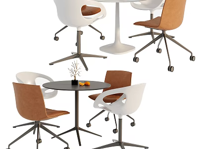 Modern Dining Table And Chair Set With Round Top White Brown Seats And Wheels 3d model