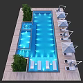 Luxury Swimming Pool Area With Lounge Chairs Sun Umbrellas Greenery Wooden Deck And Blue Lighting