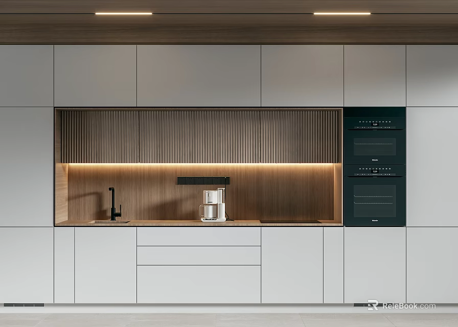Modern Kitchen With White Cabinets Wooden Backsplash Built In Appliances And Coffee Machine 3d model 