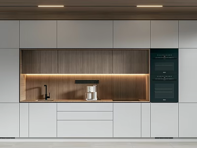 Modern Kitchen With White Cabinets Wooden Backsplash Built In Appliances And Coffee Machine 3d model