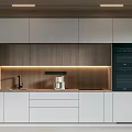 Modern Kitchen With White Cabinets Wooden Backsplash Built In Appliances And Coffee Machine
