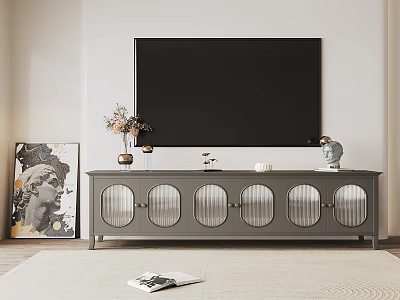 Gray TV Stand with Circular Glass Doors Large TV and Decorative Vase Sculpture Painting 3d model
