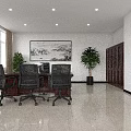 Spacious Modern Office With Large Windows Black Sofa Coffee Table Desk Chairs Green Plant And TV