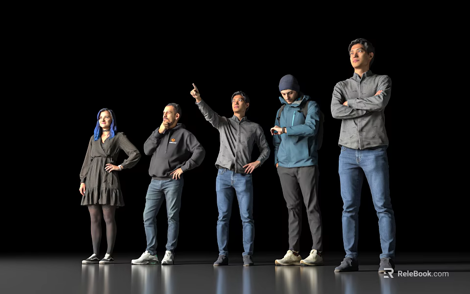 Group of People Standing in Various Postures Pointing and Checking Phone Against Black Background 3d model 