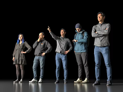 Group of People Standing in Various Postures Pointing and Checking Phone Against Black Background 3d model