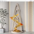 Golden Flowing Sculpture with Arched Base in Modern Interior featuring Potted Plant and Warm Lighting
