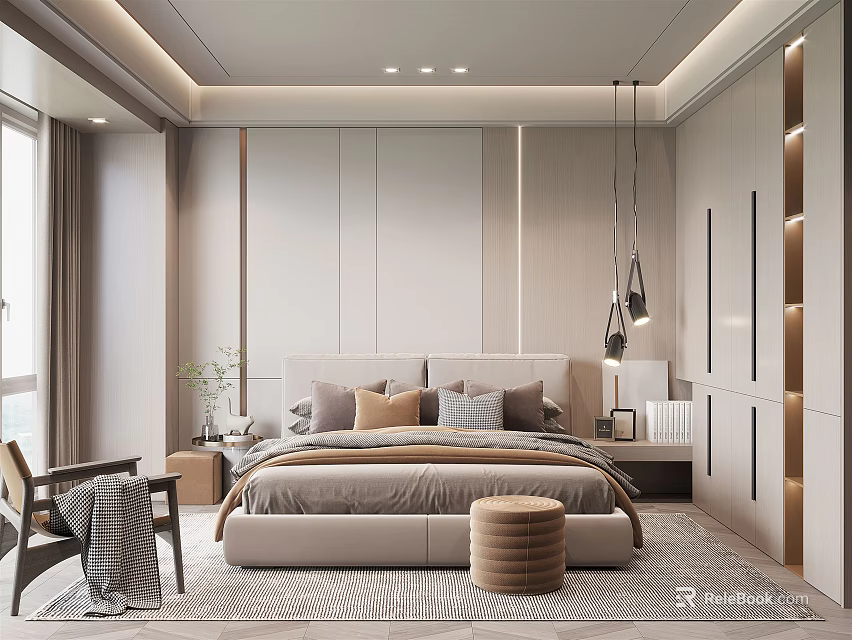 Modern Bedroom Interior With Upholstered Headboard Bed Accent Pillows Pendant Lights And Area Rug 3d model 