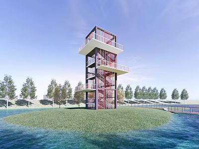 Modern Garden Feature Tower Structure On Waterfront Island With Green Lawn And Trees 3d model