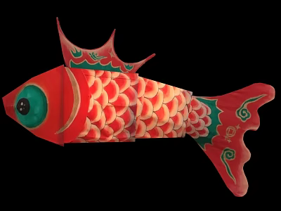 Traditional Red Fish Kite With Colorful Scales Green Eyes And Decorative Patterns 3d model