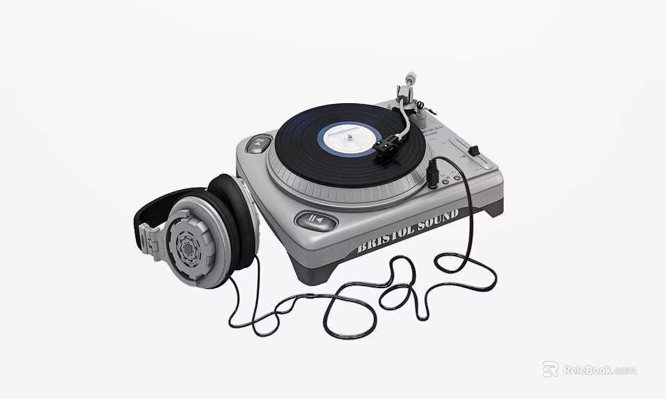 Headphones Audio System With Turntable And Connected Cables For Music Playback 3d model 