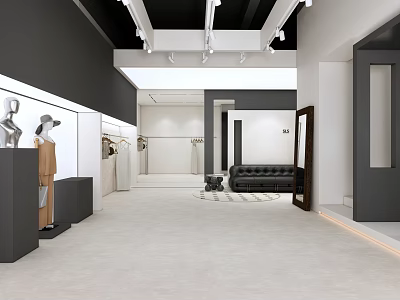 Modern Elegant Clothing Store Interior With Mannequins Display Racks Sofa Mirrors And Lighting 3d model