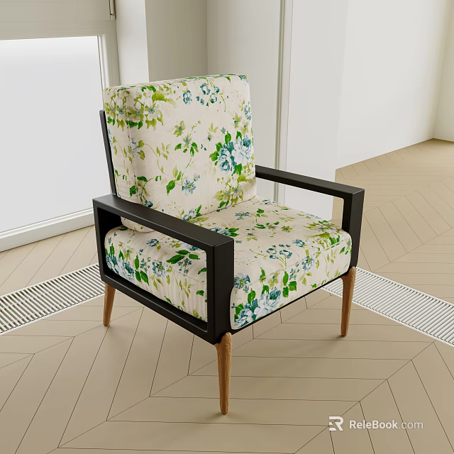 Single Sofa With Green Blue Floral Pattern Black Frame Wooden Legs Modern Living Room Furniture 3d model 