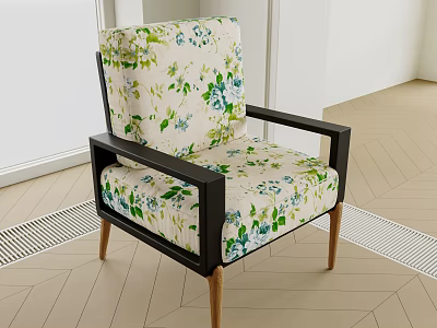 Single Sofa With Green Blue Floral Pattern Black Frame Wooden Legs Modern Living Room Furniture 3d model
