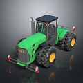 Green Agricultural Tractor With Large Tires Yellow Rims And Black Cabin Reflectors