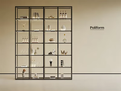 Poliform Modern Decorative Cabinet With Multiple Shelves And Vases Wine Glasses Decor 3d model