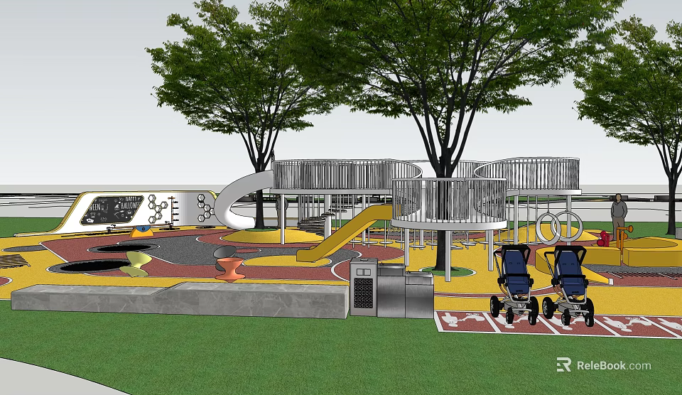 Outdoor Children's Playground Landscape With Slides Trees And Grass Lawn 3d model 