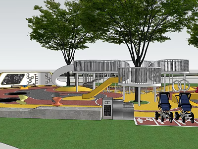 Outdoor Children's Playground Landscape With Slides Trees And Grass Lawn 3d model