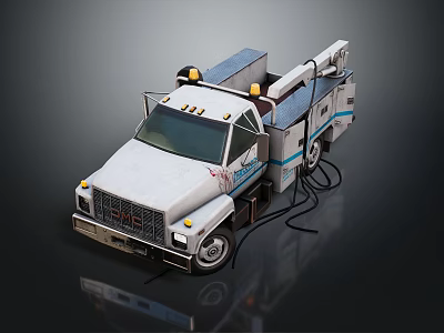 White Tow Truck With Blue Stripes Yellow Warning Lights And Extendable Arm 3d model