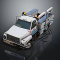 White Tow Truck With Blue Stripes Yellow Warning Lights And Extendable Arm
