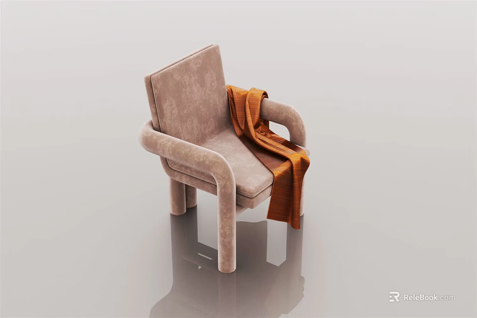Modern Light Brown Velvet Accent Chair With Orange Throw Blanket And Minimalist Design 3d model 
