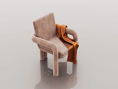 Modern Light Brown Velvet Accent Chair With Orange Throw Blanket And Minimalist Design 3d model