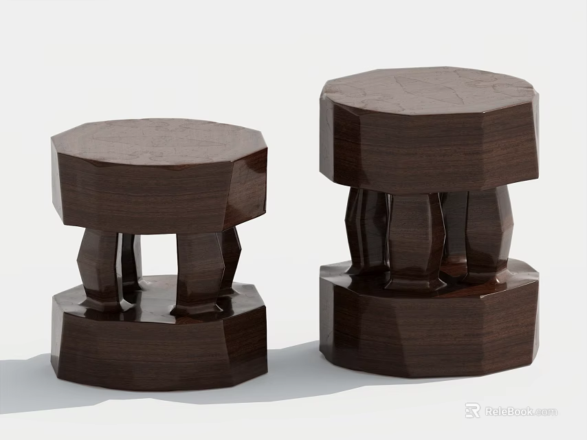 Two Modern Dark Wooden Hexagonal Stools With Layered Base Structure Design 3d model 