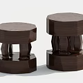 Two Modern Dark Wooden Hexagonal Stools With Layered Base Structure Design