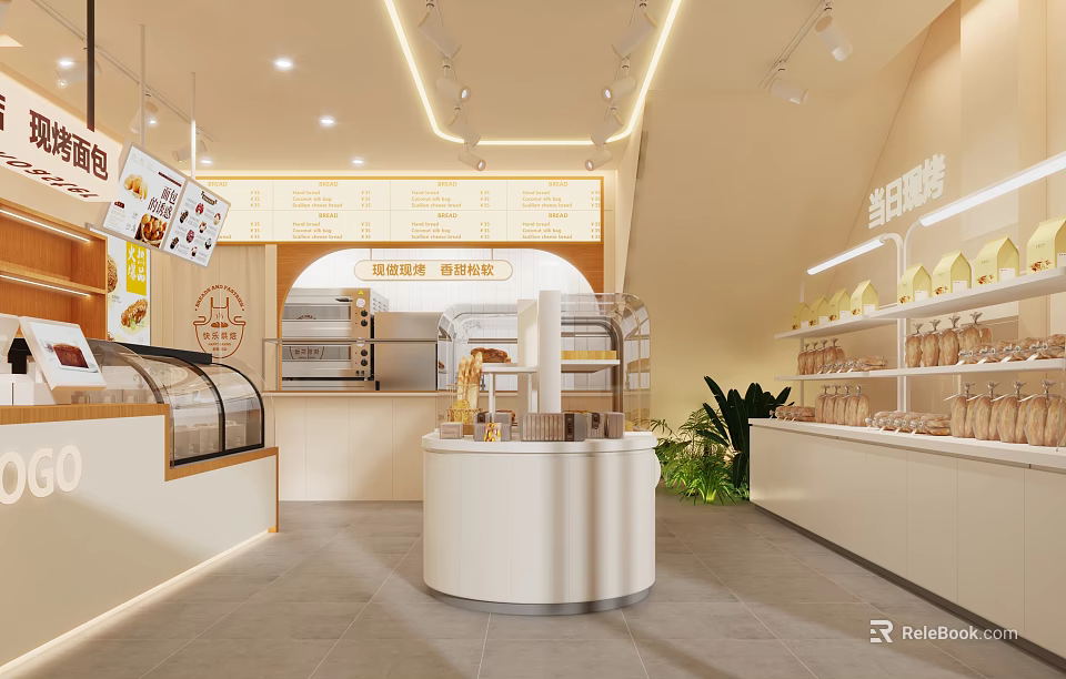 Bright Dessert Shop Interior With Fresh Daily Pastries Display Cases Round Counter And Green Plants 3d model 