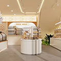 Bright Dessert Shop Interior With Fresh Daily Pastries Display Cases Round Counter And Green Plants