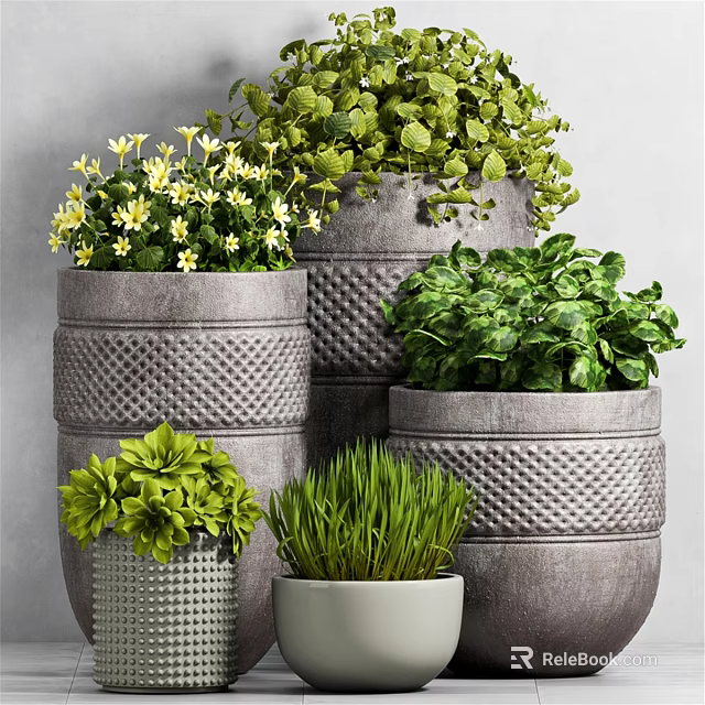 Decorative Ornament Set with Textured Gray Planters Green Plants and Yellow Flowers 3d model 