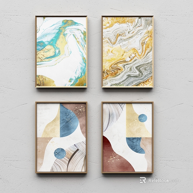 Abstract Paintings With Gold Blue Red Beige Marble Texture In Golden Frames 3d model 