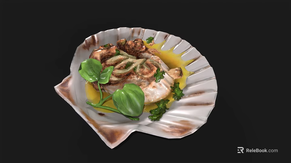 Roasted Chicken Dish with Fresh Basil Parsley and Yellow Sauce on Shell Shaped Plate 3d model 