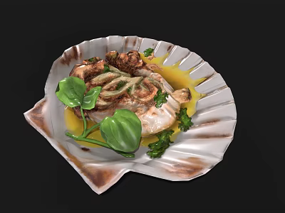 Roasted Chicken Dish with Fresh Basil Parsley and Yellow Sauce on Shell Shaped Plate 3d model
