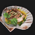 Roasted Chicken Dish with Fresh Basil Parsley and Yellow Sauce on Shell Shaped Plate