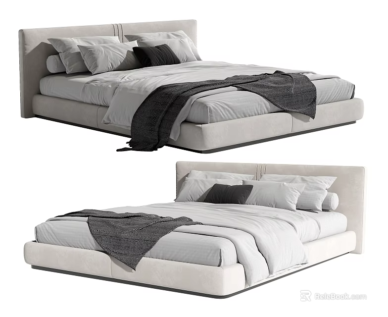Modern Double Bed With Light Headboard White Sheets Gray Blanket And Pillows 3d model