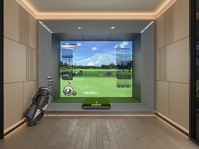Modern Indoor Golf Simulator Setup With Large Screen And Golf Training Gear 3d model