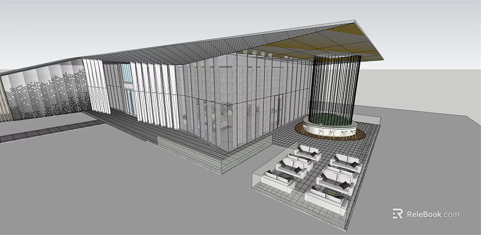 Modern Sales Office Building With Sloped Roof Vertical Glass Slats Circular Garden Outdoor Seating 3d model 
