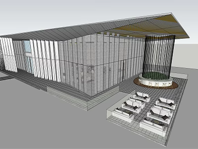 Modern Sales Office Building With Sloped Roof Vertical Glass Slats Circular Garden Outdoor Seating 3d model